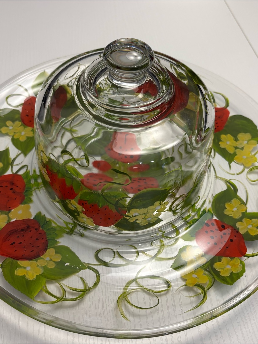 Vintage L. Elliott Signed Hand Painted Glass Cheese Dome Cloche Platter - Picture 3 of 10
